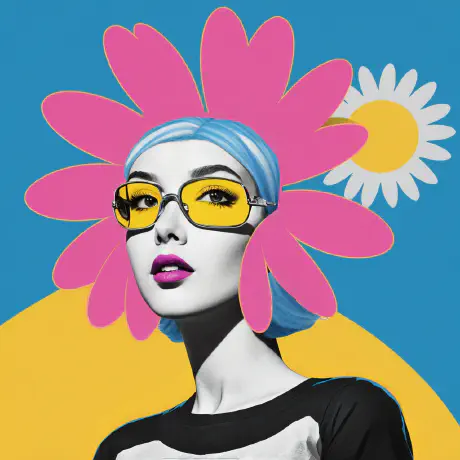A woman with blue hair and sunglasses with a pink flower drawn around her head.