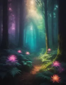 A path in the middle of a dark ethereal forest with glowing flowers.