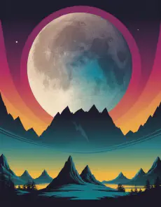 A digital illustration of a full moon over a mountain range.