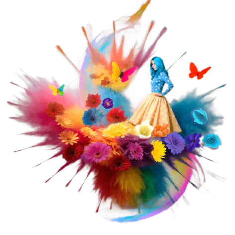 A woman in a yellow and blue polka dot dress surrounded by colorful flowers and butterflies.